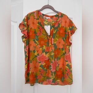 DR2 V neck Flutter Sleeve Floral Print Women's Top NWT Size XL